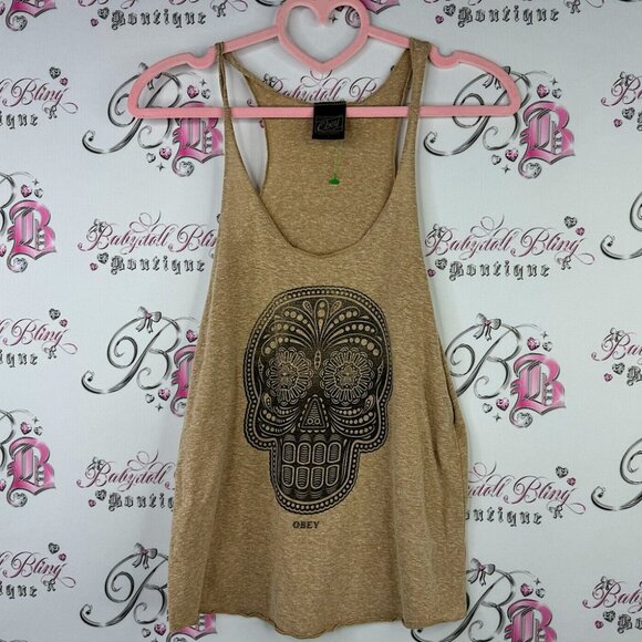 Obey Tops - Obey tank top beige brown skull sugar skull day of dead skater oversized cute